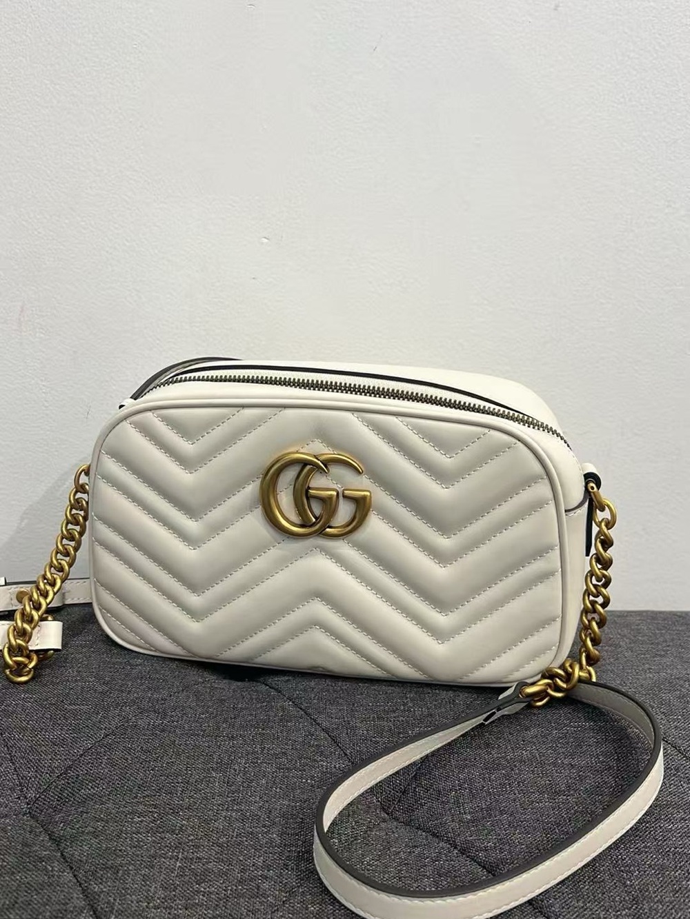 white matelassé chevron nappa leather Gucci GG Marmont small camera bag